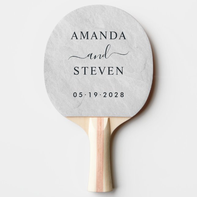 White Marble Stone Couple Names with Wedding Date Ping Pong Paddle (Back)