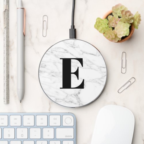 White marble stone custom monogram phone charger