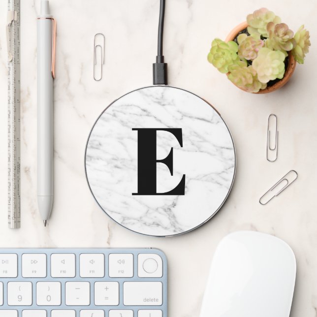White marble stone custom monogram phone charger (Desk)