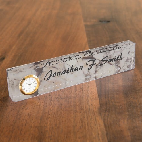 White Marble Stone Desk Name Plate with Clock