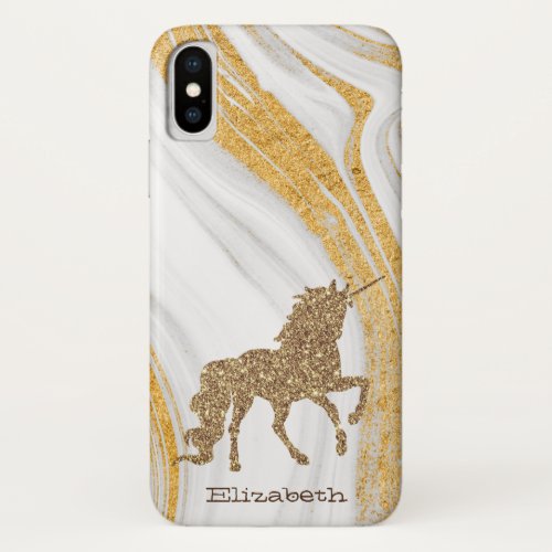 White Marble Stone Gold Glitter Unicorn iPhone XS Case