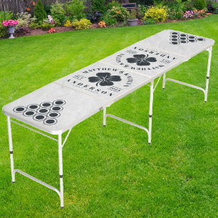 White Marble Stone Irish Lucky Clover WeddingCrest Beer Pong Table