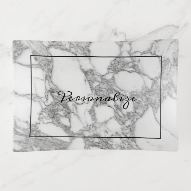 White marble stone photo custom glass trinket tray (Front)