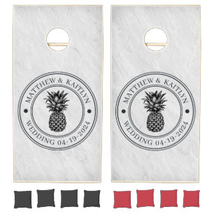 White Marble Stone Pineapple Wedding Crest & Names Cornhole Set