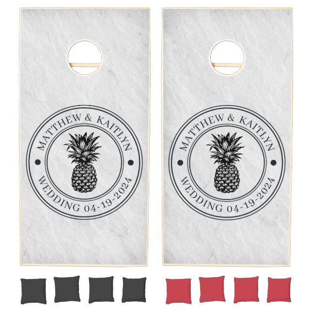 White Marble Stone Pineapple Wedding Crest & Names Cornhole Set (Set)