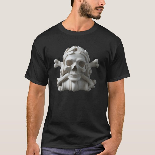 White Marble Stone Skull & Bones Black T-Shirt (Front)
