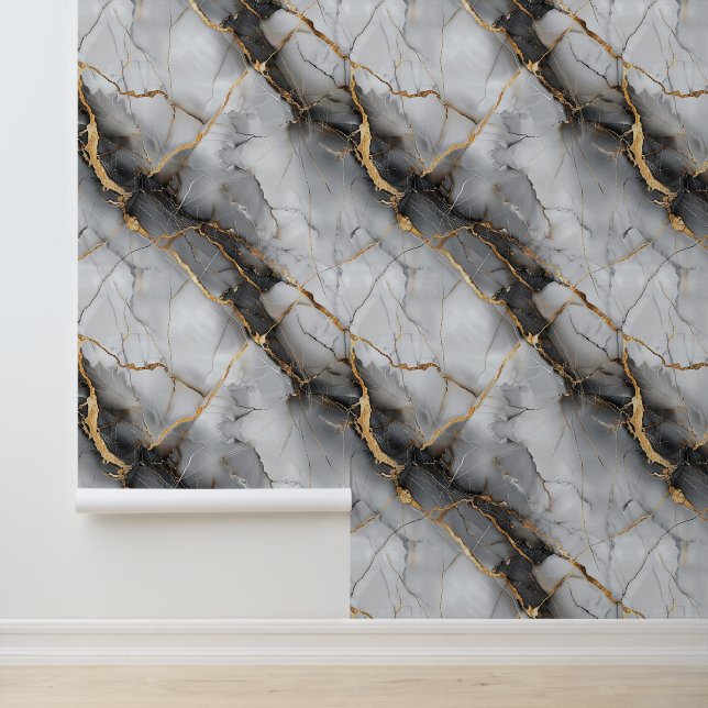White marble stone texture with golden insert chic wallpaper  (Application)