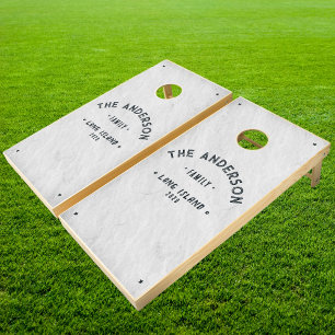 White Marble Stone Vintage Seaside Family Name Cornhole Set