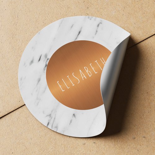 White marble stone with copper circle your name classic round sticker