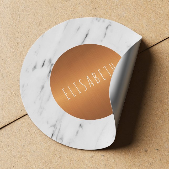 White marble stone with copper circle your name classic round sticker (Creator Uploaded)