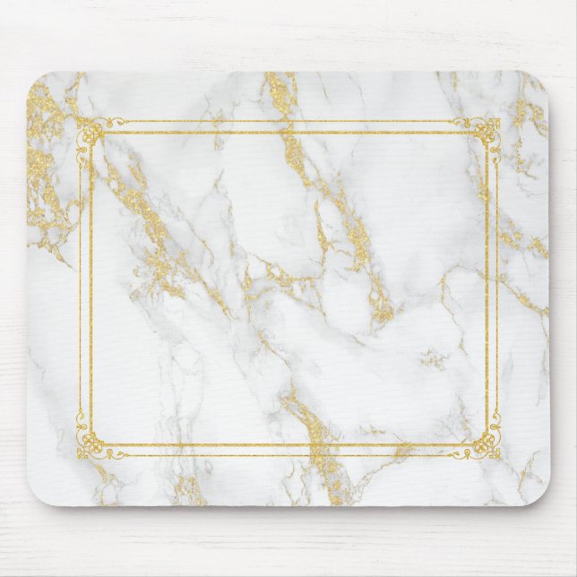White Marble Stone With Gold Glitter Frame Mouse Pad (Front)