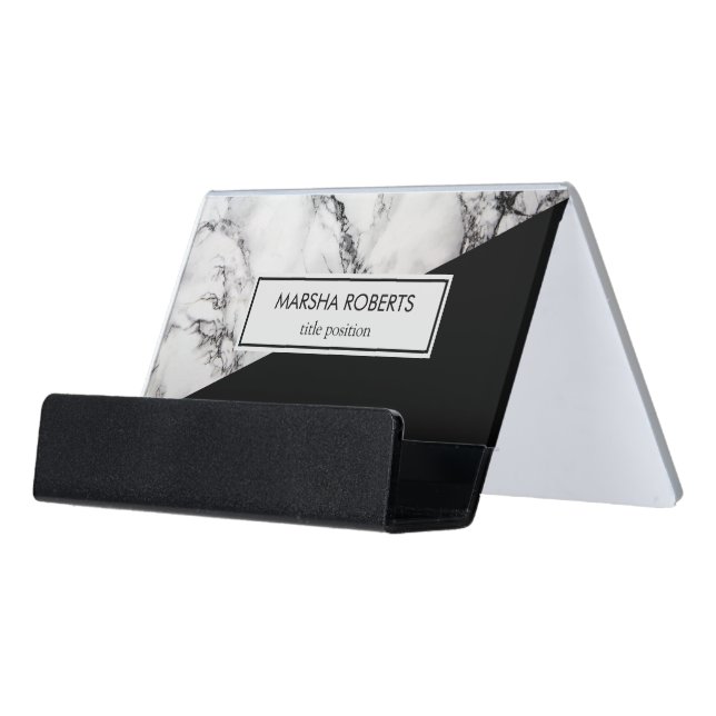 White Marble Stone With Grain Desk Business Card Holder (Angled Front)