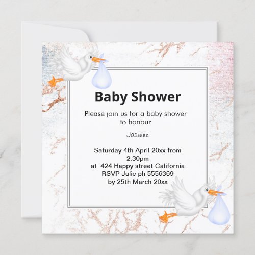 White Marble Stork baby shower Invitation