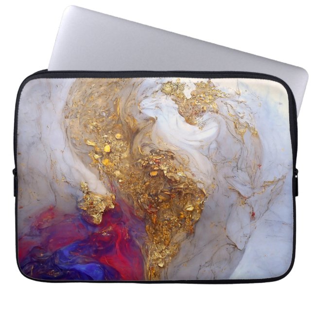 White Marble Swirl with Liquid Gold Laptop Sleeve (Front)