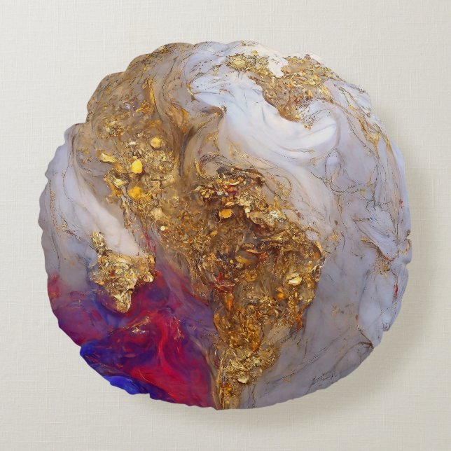 White Marble Swirl with Liquid Gold Round Pillow (Front)
