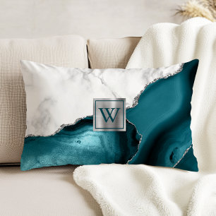 White Marble Teal Agate Silver Glitter Monogram Accent Pillow