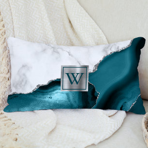 White Marble Teal Agate Silver Glitter Monogram Lumbar Pillow