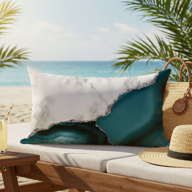 White Marble Teal Agate Silver Outdoor Lumbar Pillow (Creator Uploaded)