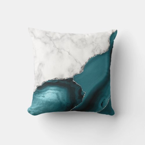 White Marble Teal Agate Silver Outdoor Pillow