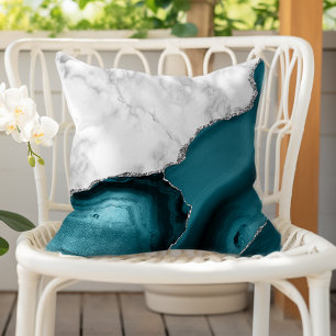 White Marble Teal Agate Silver Outdoor Pillow