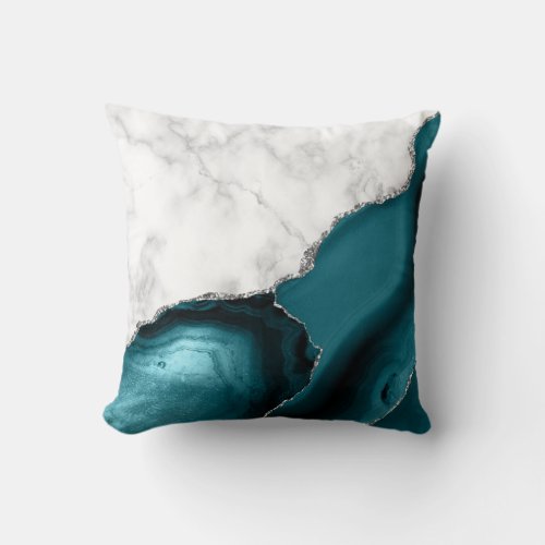 White Marble Teal Agate Silver Throw Pillow