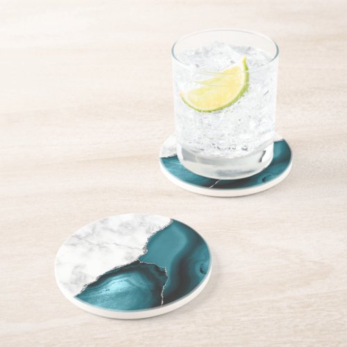 White Marble Teal Blue Agate Silver Glitter Coaster
