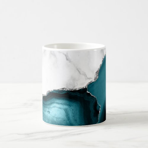 White Marble Teal Blue Agate Silver Glitter Coffee Mug