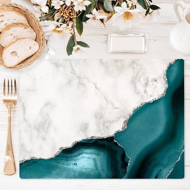 White Marble Teal Blue Agate Silver Glitter Placemat (Creator Uploaded)