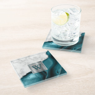 White Marble Teal Blue Agate Silver Monogram Glass Coaster