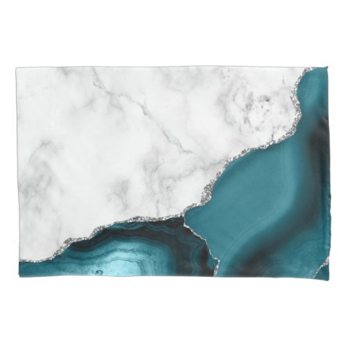 White Marble Teal Blue Agate Silver Pillow Case