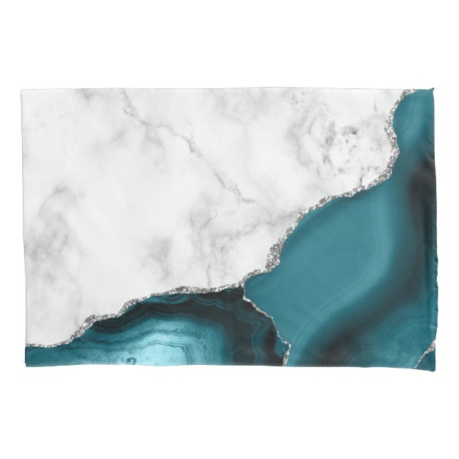 White Marble Teal Blue Agate Silver Pillow Case (Front)