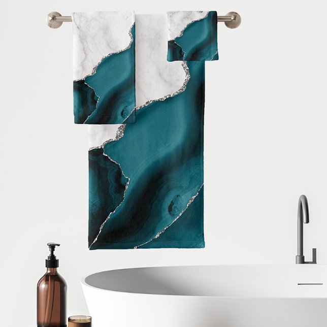 White Marble Teal Blue Silver Agate Bath Towel Set (Creator Uploaded)