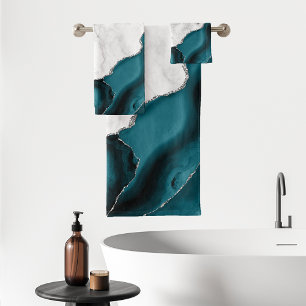 White Marble Teal Blue Silver Agate Bath Towel Set