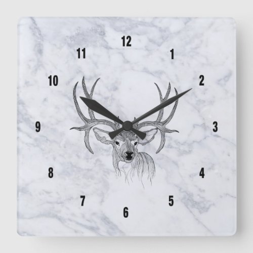 White Marble Texture  Black Deer Illustration Square Wall Clock