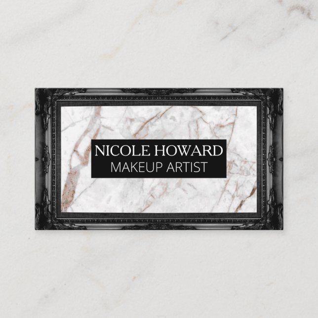 White Marble Texture | Black Fancy Frame Business Card (Front)