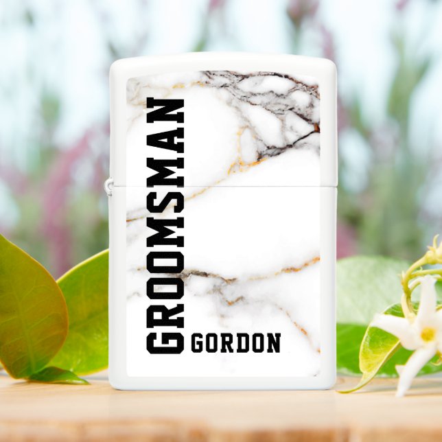 White Marble Texture Custom Groomsman and Monogram Zippo Lighter (On Table)