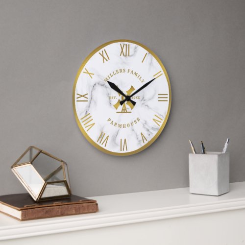 White Marble Texture Gold Fam House Roman Numerals Large Clock