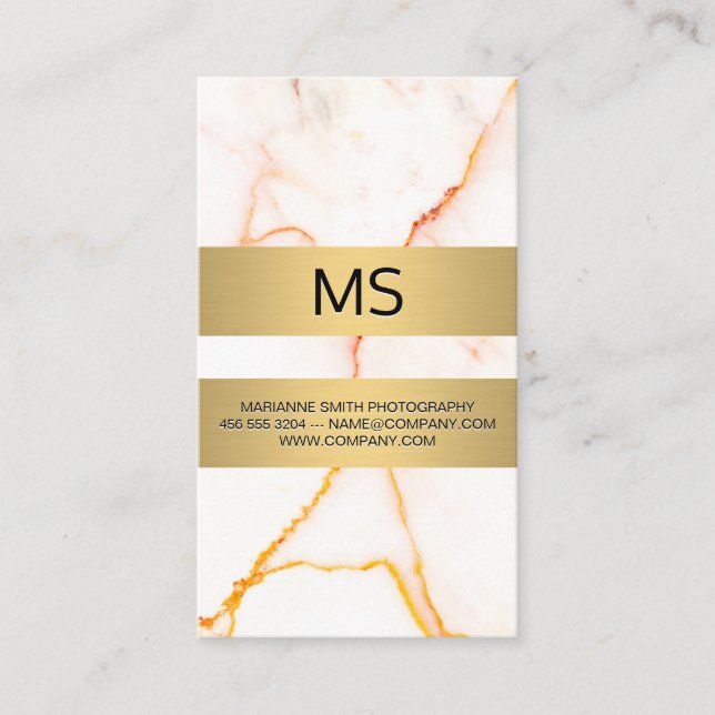 White Marble Texture Gold Metallic Bars Business Business Card (Front)