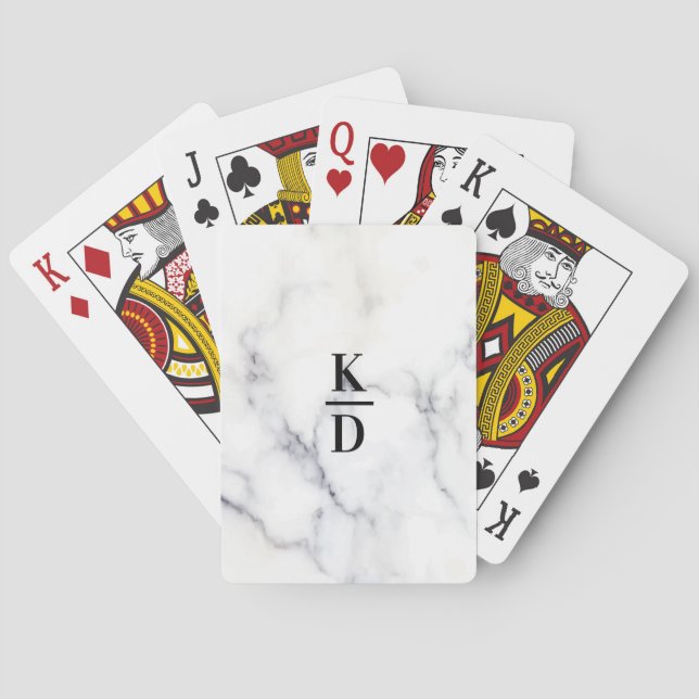 White Marble Texture Personalize Monogram Poker Cards (Back)
