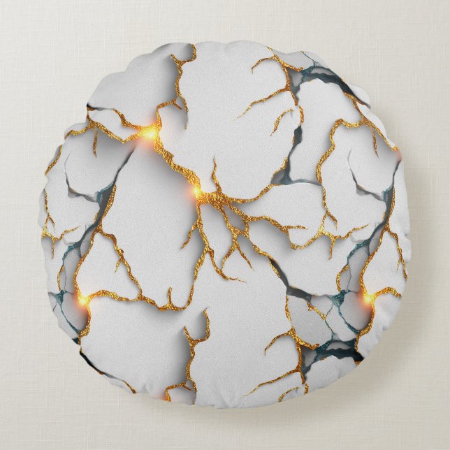 White Marble Texture with Glowing Gold Veins Round Pillow (Front)
