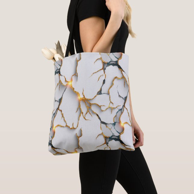 White Marble Texture with Glowing Gold Veins Tote Bag (Close Up)