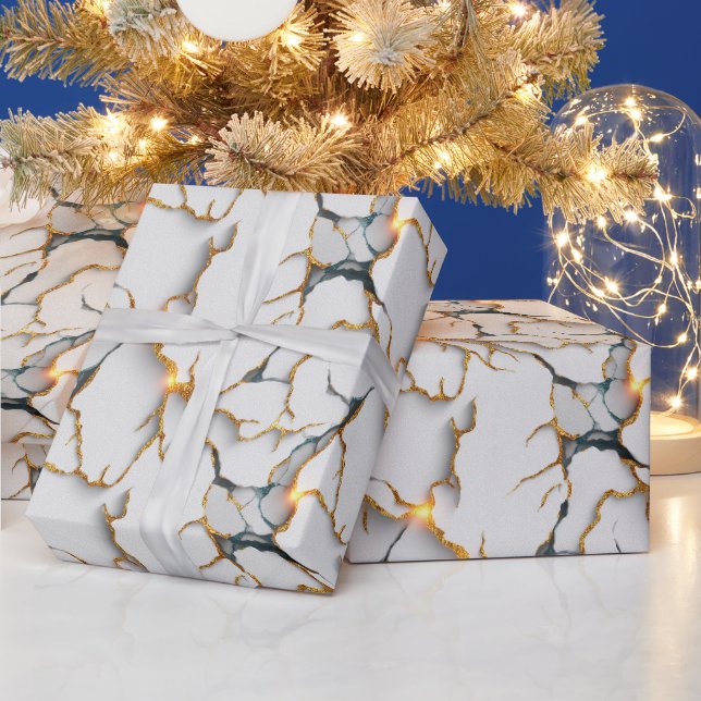 White Marble Texture with Glowing Gold Veins Wrapping Paper (Holidays)