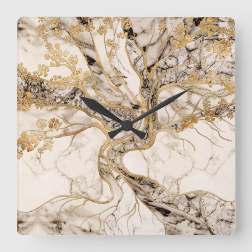 White Marble Tree of Life Abstract Square Wall Clock