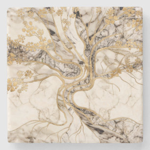 White Marble Tree of Life Abstract Stone Coaster