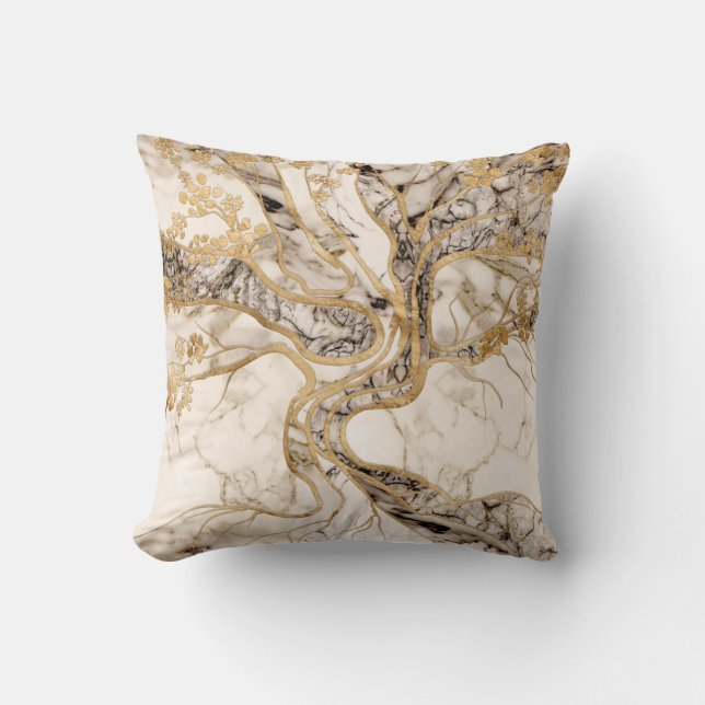 White Marble Tree of Life Abstract Throw Pillow (Front)