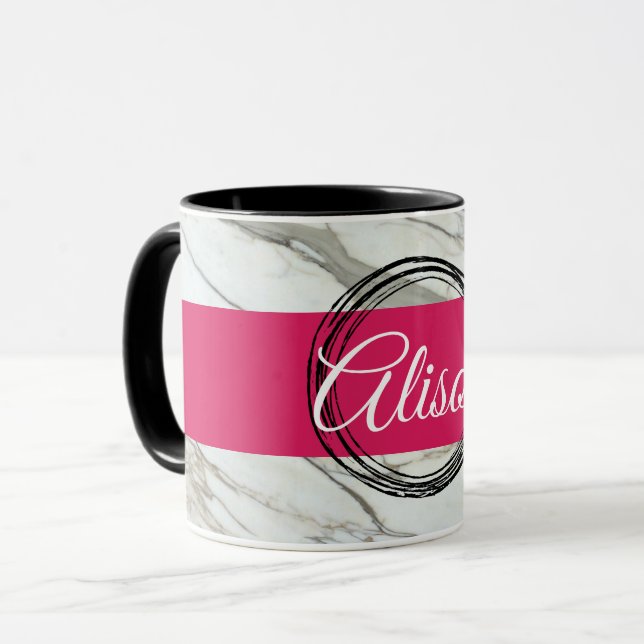 White marble, trendy fuchsia personalized name mug (Front Left)