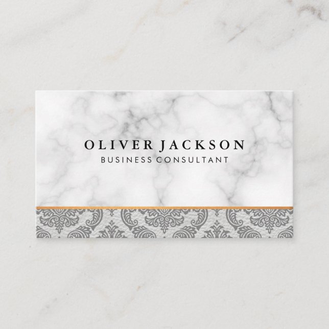 White Marble White Leather Damask Trim Business Card (Front)