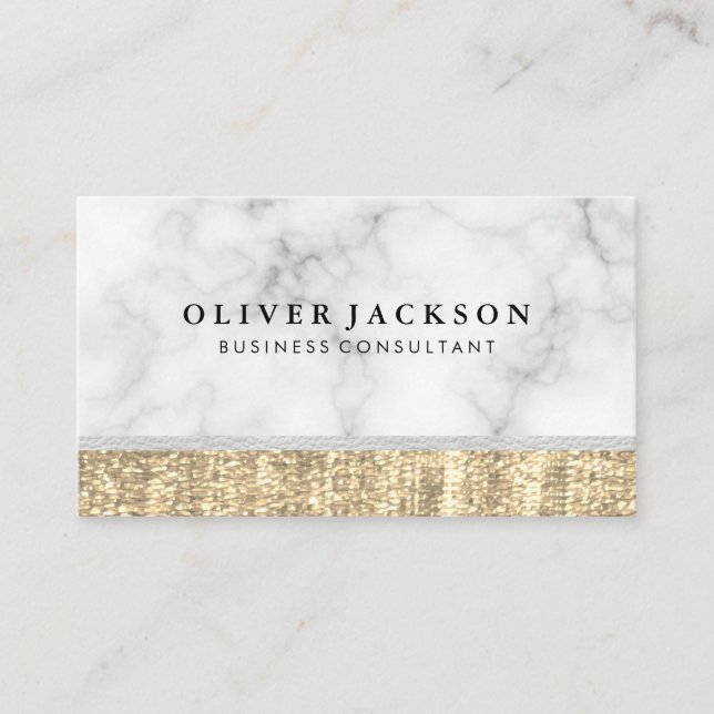 White Marble White Leather Gold Sequin Business Card (Front)
