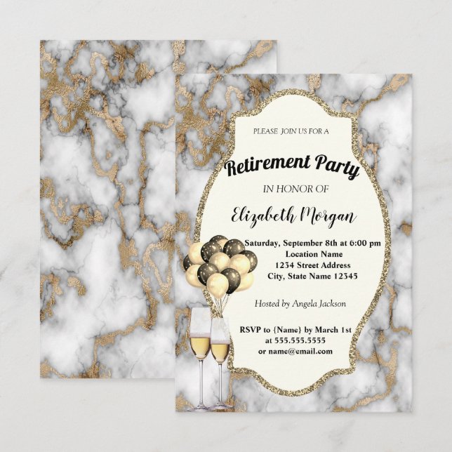 White Marble,Wine Glass,Ballons, Retirement Party Invitation (Front/Back)