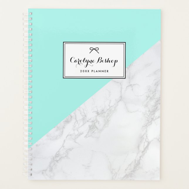 White Marble with Aqua Accent Personalized Planner (Front)